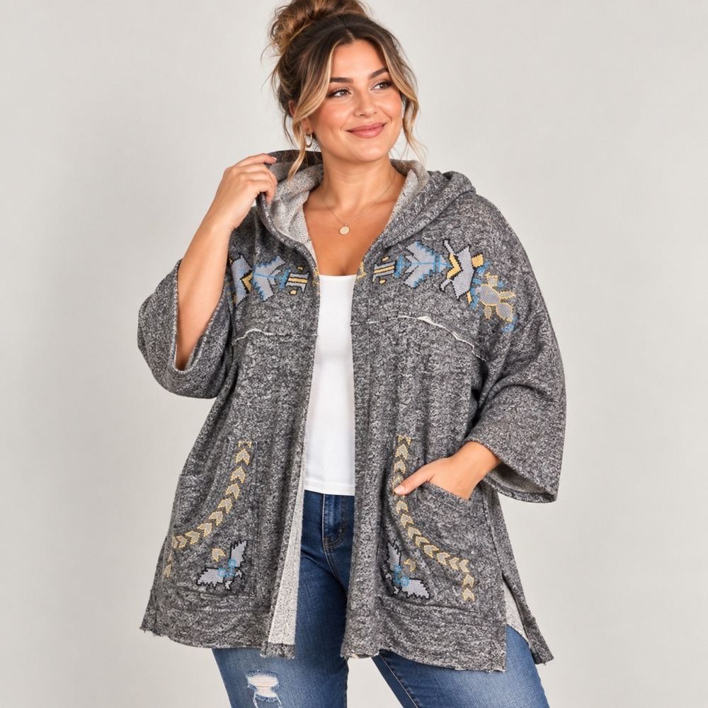 Ivy Jane Hooded Cardigan Women S/M Gray Southwestern Embroidered Open Front Boho